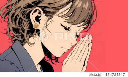 手を合わせてお祈りをしている若い女性