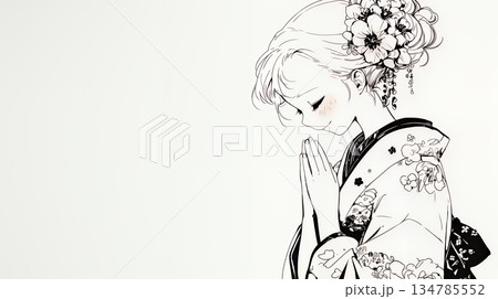 手を合わせてお祈りをしている和服姿の若い女性（シンプルな色使い）