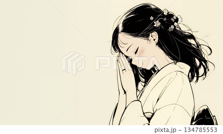 手を合わせてお祈りをしている和服姿の若い女性（シンプルな色使い）