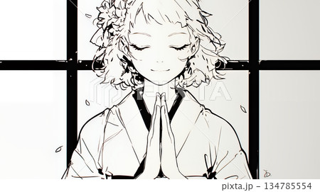 手を合わせてお祈りをしている和服姿の若い女性（シンプルな色使い）