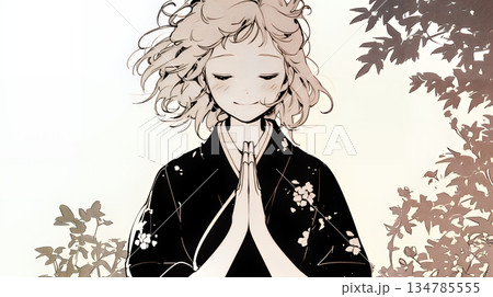 手を合わせてお祈りをしている和服姿の若い女性（シンプルな色使い）