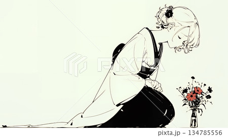 手を合わせてお祈りをしている和服姿の若い女性（シンプルな色使い）