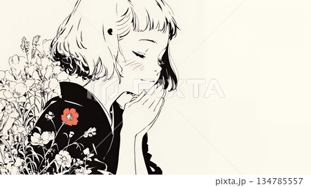 手を合わせてお祈りをしている和服姿の若い女性（シンプルな色使い）