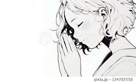 手を合わせてお祈りをしている和服姿の若い女性（シンプルな色使い）