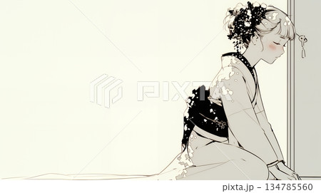 手を合わせてお祈りをしている和服姿の若い女性（シンプルな色使い）