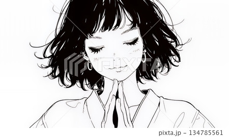 手を合わせてお祈りをしている和服姿の若い女性（シンプルな色使い）