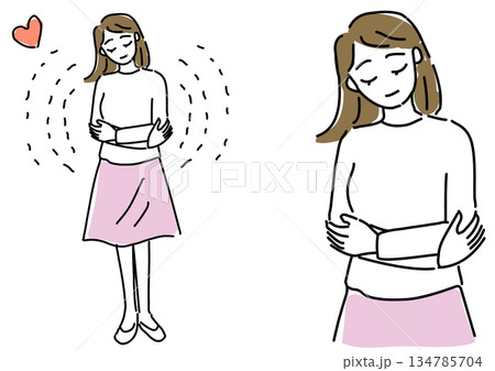 自分自身をハグする女性のゆるい線画セット（自己肯定） 134785704