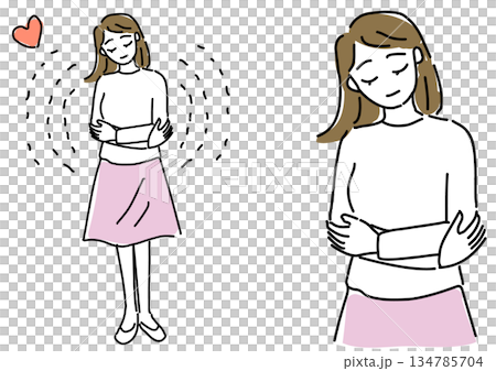 自分自身をハグする女性のゆるい線画セット（自己肯定） 134785704