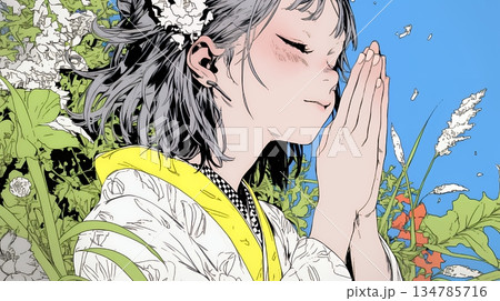 手を合わせてお祈りをしている和服姿の若い女性