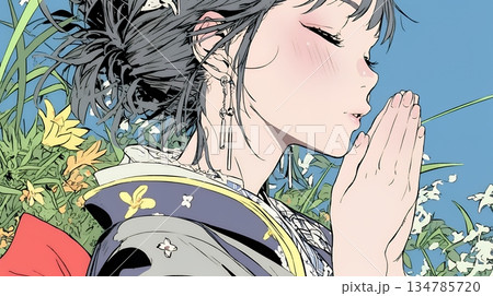 手を合わせてお祈りをしている和服姿の若い女性