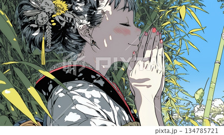 手を合わせてお祈りをしている和服姿の若い女性