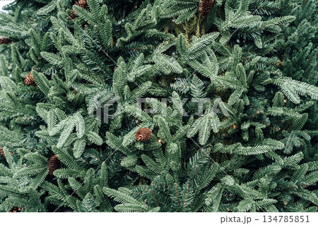 Full Frame Background of Artificial Christmas Tree with Pine Cones. High quality photo 134785851
