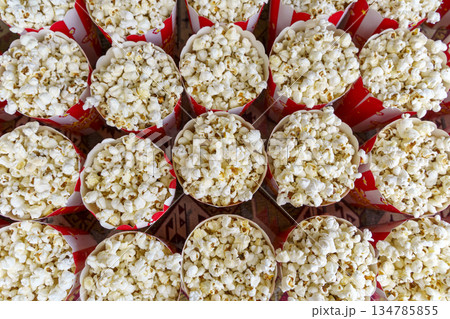 Popcorn Buckets in Striped Red and White Containers. High quality photo Popcorn Buckets in Striped Red and White Containers. High quality photo 134785855
