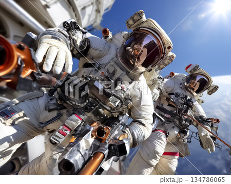 宇宙空間で活動する宇宙飛行士たち　最先端テクノロジーと挑戦のイメージ 134786065