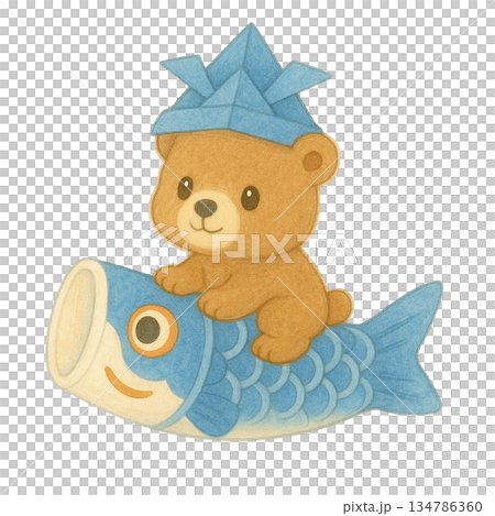 【端午の節句】鯉のぼりに乗った子グマのイラスト 134786360