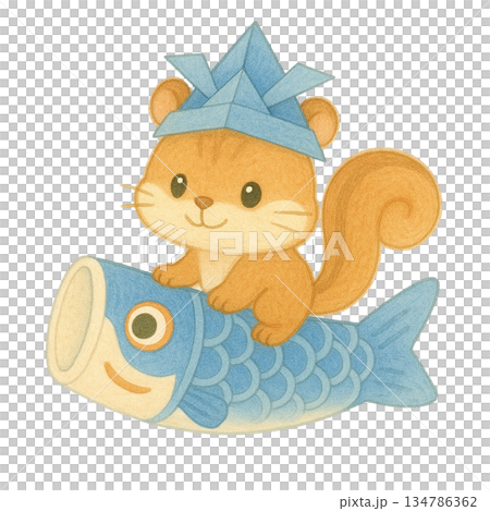 【兒童節】松鼠騎在鯉魚彩帶上的插圖 134786362