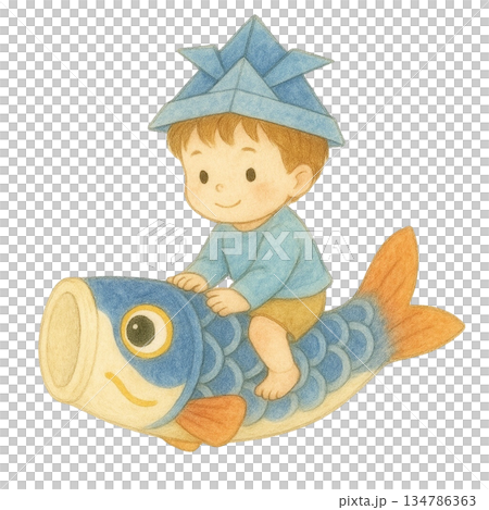 【端午の節句】鯉のぼりに乗った男の子のイラスト 134786363