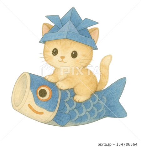 【端午の節句】鯉のぼりに乗った子猫のイラスト 134786364