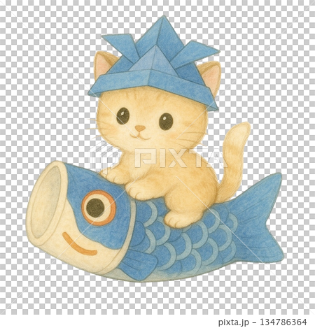 【端午の節句】鯉のぼりに乗った子猫のイラスト 134786364