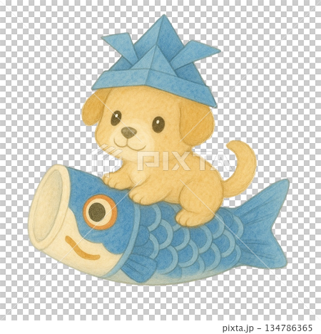 【兒童節】小狗騎在鯉魚彩帶上的插圖 134786365