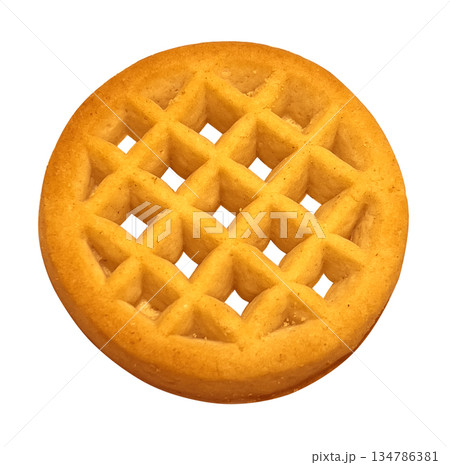 Round waffle cookie with a grid pattern on transparent background 134786381