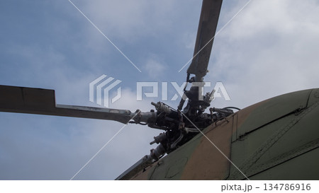 detailed rotor head assembly with blades and control linkages, swashplate visible, chipped green paint 134786916