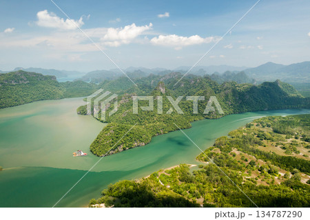 Aerial view of the river and green hills in KILIM Geopark on a sunny day. Langkawi. Malaysia 134787290