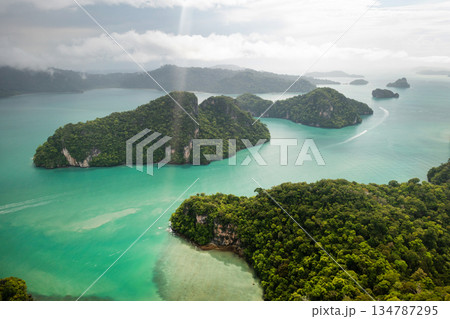 Aerial view of Kilim Park on Langkawi Island. Beautiful views of the islands with mountains and the sea. Malaysia 134787295