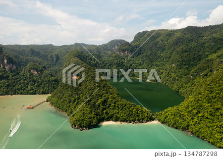 Top view of the lake in Dayang Bunting Marble Geoforest Park. Kilim Geopark on Langkawi Island. Malaysia 134787298