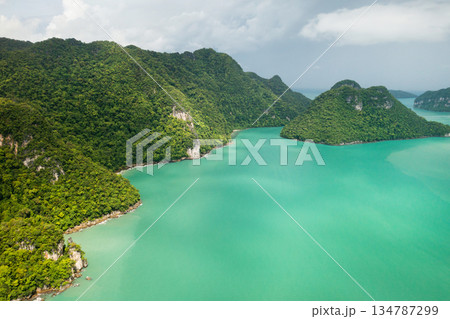 Aerial view of Kilim Geopark on Langkawi Island. Beautiful hills in the South China Sea. Malaysia 134787299