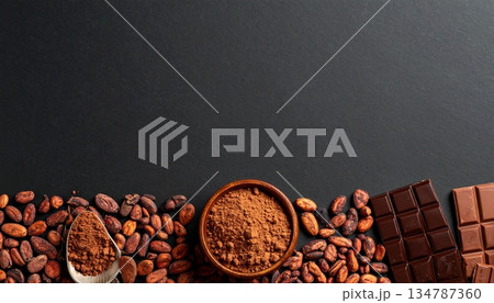 チョコレートとカカオ豆の黒背景フレーム  高級感のあるバレンタイン素材 134787360