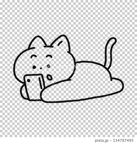 寝転がりながらスマホを見るネコ　線画 134787495