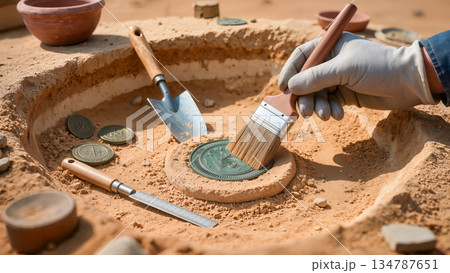 A close-up of an archaeologist's gloved hand carefully brushing sand off ancient green coins and artifacts in a dusty pit. Tools like a trowel and a small shovel are visible in the background. Concept A close-up of an archaeologist's gloved hand carefully brushing sand off ancient green coins and artifacts in a dusty pit. Tools like a trowel and a small shovel are visible in the background. Concept 134787651