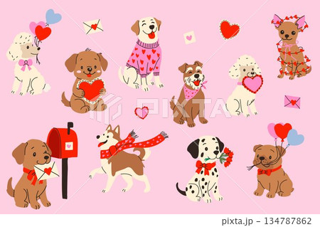 Cute dogs celebrating love with hearts and gifts Cute dogs celebrating love with hearts and gifts 134787862
