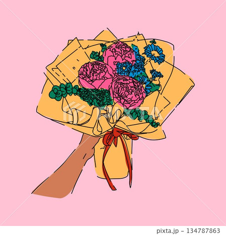 Bouquet of flowers wrapped in yellow paper with a ribbon Bouquet of flowers wrapped in yellow paper with a ribbon 134787863