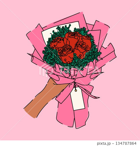 Bouquet of red roses with green foliage and pink ribbon 134787864