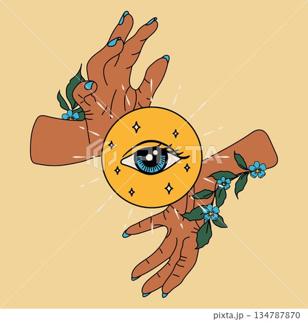 Mystical hands holding an eye and sun with flowers 134787870