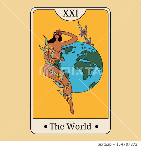 Tarot card The World featuring a woman and the globe with flowers 134787872
