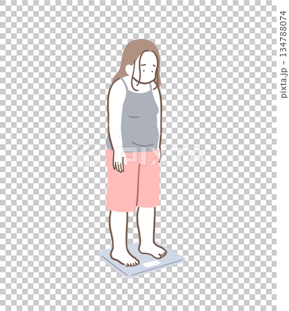 体重計に乗るぽっちゃり体型の女性のイラスト素材 134788074