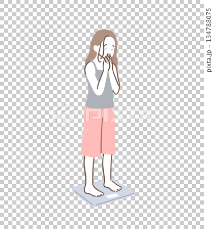 Illustration material of a slender woman happy to step on a weight scale 134788075