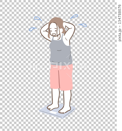 插畫素材：一位女士在體重計上感到沮喪 134788076