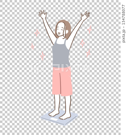 Illustration material of a slim woman happy to step on a weight scale 134788077