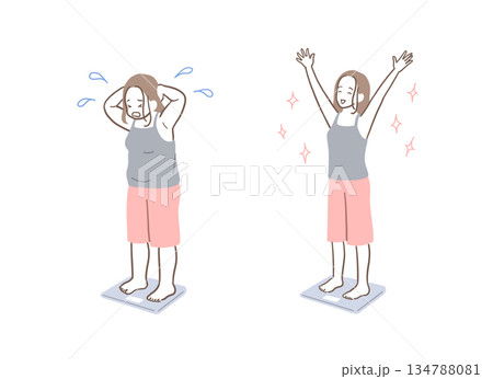 ダイエットに成功した女性と失敗した女性のイラストセット 134788081