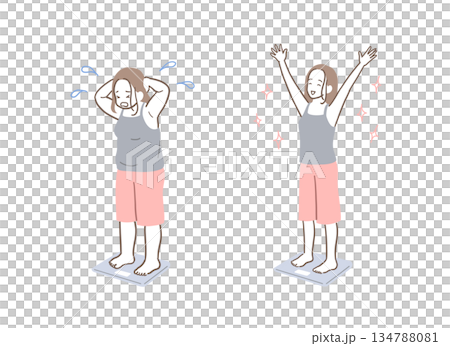 一組插圖，描繪了節食成功和節食失敗的女性。 134788081