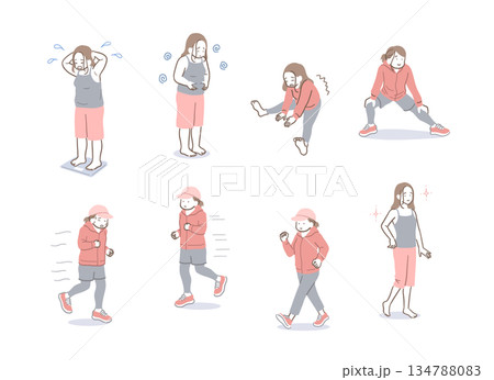 ダイエットをする女性のイラストセット ダイエットをする女性のイラストセット 134788083
