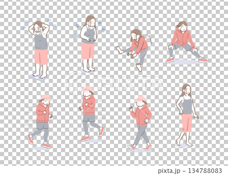 ダイエットをする女性のイラストセット ダイエットをする女性のイラストセット 134788083