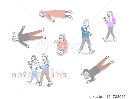 体調不良のシニアと運動をするシニアのイラストセット 134788085