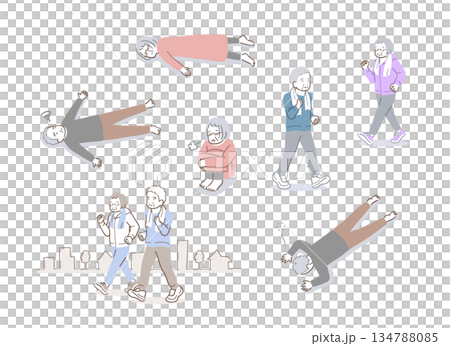 体調不良のシニアと運動をするシニアのイラストセット 134788085