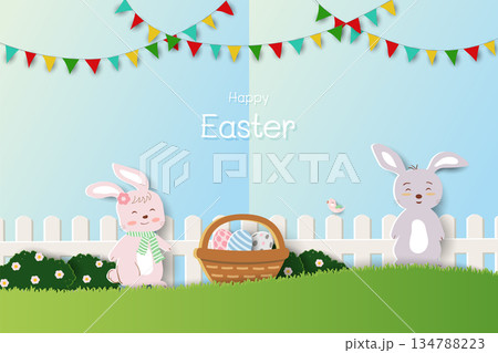 Happy Easter greeting card,cute cartoon rabbits and Easter eggs on spring garden Happy Easter greeting card,cute cartoon rabbits and Easter eggs on spring garden 134788223