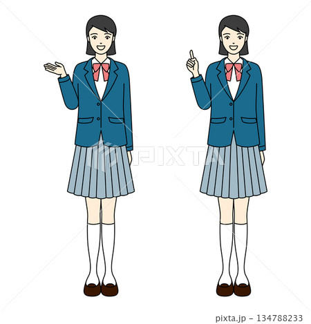 ブレザー制服を着て笑顔で案内と指差しポーズをする女子高生 134788233